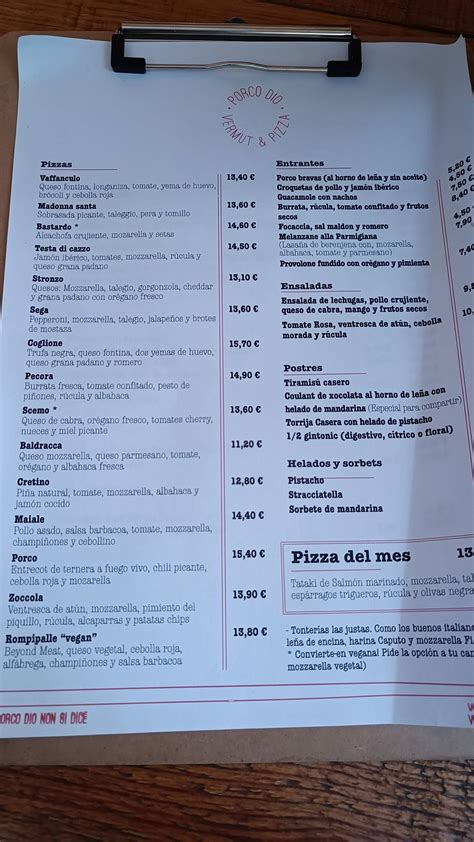 Menu at Porco Dio restaurant, Lleida